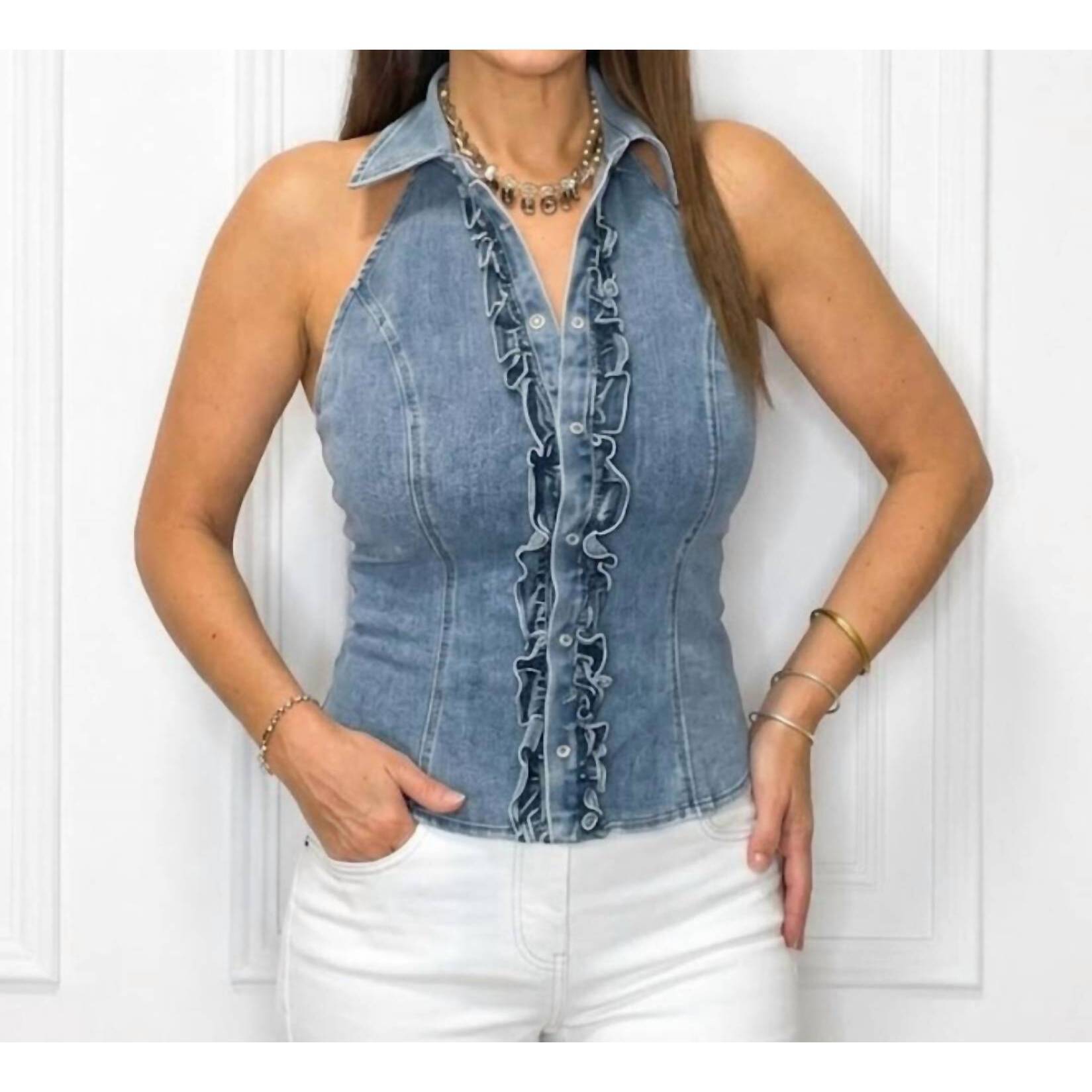 New Flying Tomato Denim Ruffle Tank Top In Medium Wash